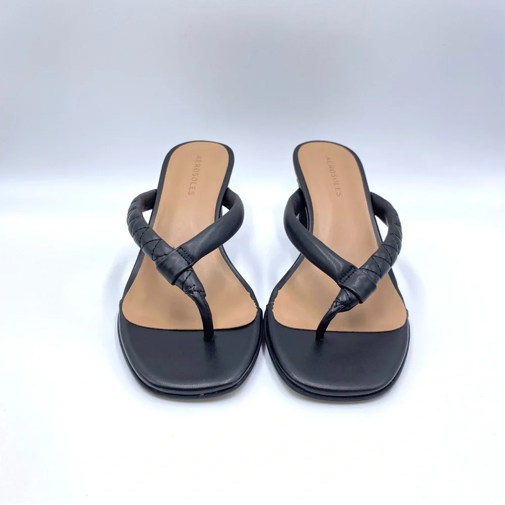 Aerosoles Size 8.5 Black Faux Leather Square Toe Heels Dress Sandals Shoes‎
